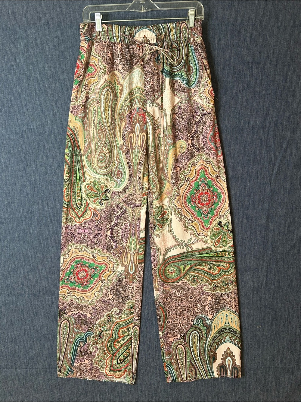 Zara Women’s Satin Paisley Drawstring Pants — Green, Red, Cream, Brown